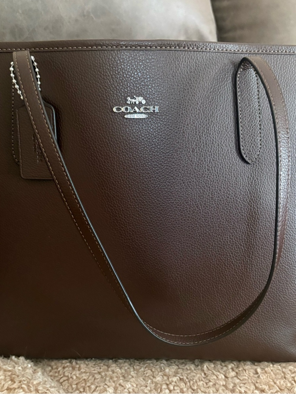Coach Dark Brown Leather Tote with Silver Hardware